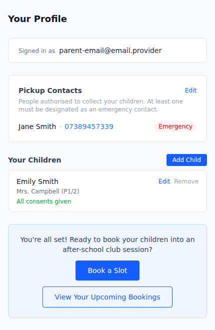 Profile page showing contacts, children, and consents