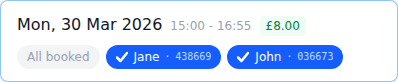 A confirmed booking showing pickup codes next to each child